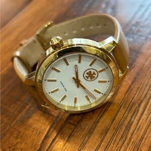 Tory Burch White Dial Watch with Gold Tone Case and Tan Leather Strap